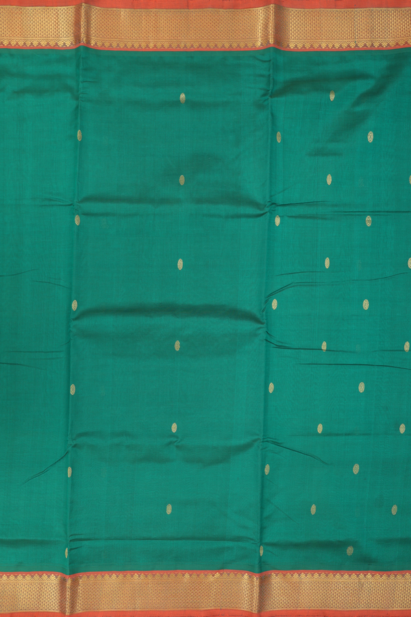 Nine Yards Silk Cotton Saree In Emerald Green With Zari Buttas