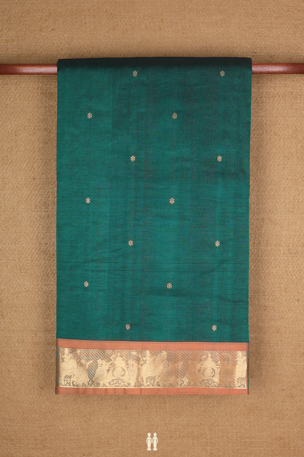 Nine Yards Silk Cotton Saree In Forest Green With Zari Butta