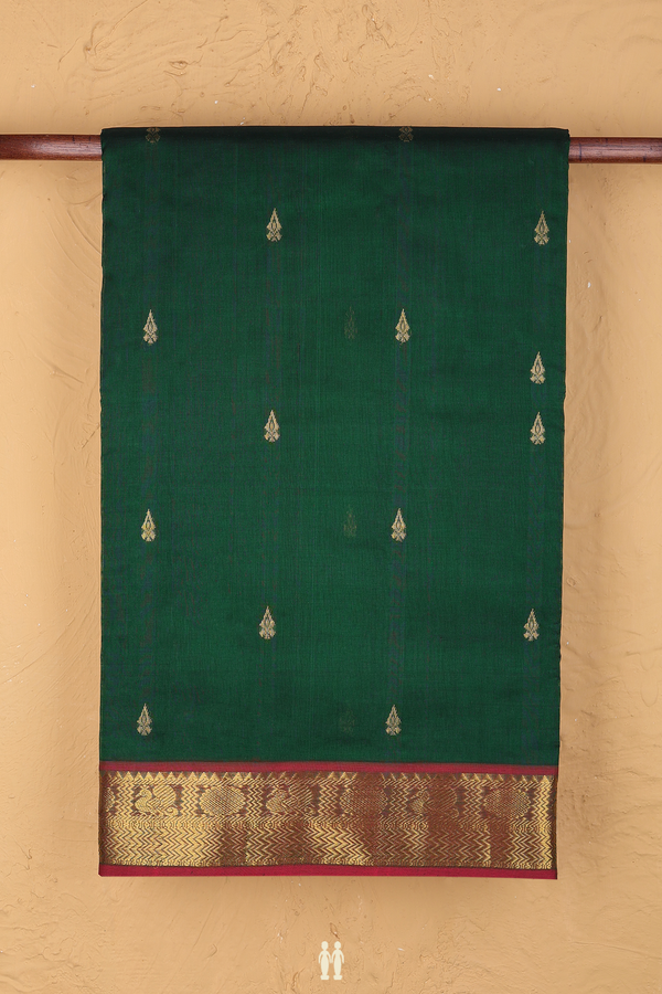 Nine Yards Silk Cotton Saree In Forest Green With Zari Buttas