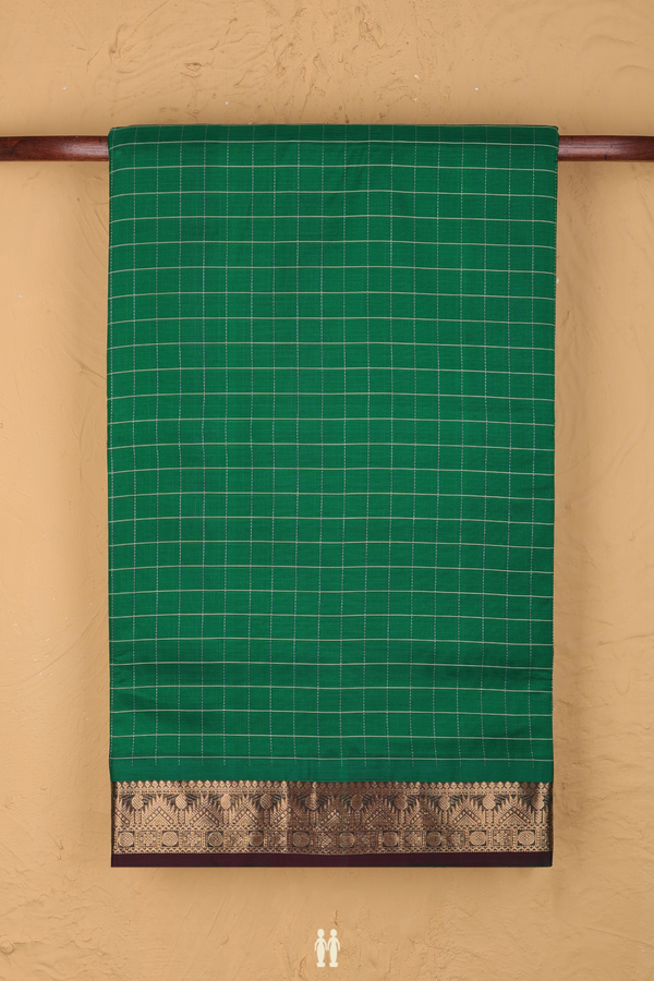 Nine Yards Silk Cotton Saree In Green With Checks Design