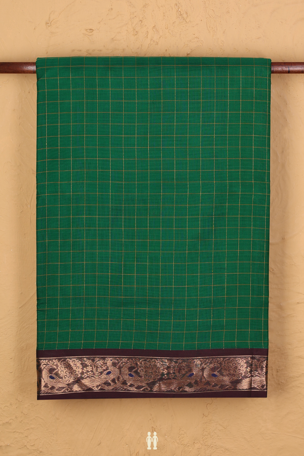 Nine Yards Silk Cotton Saree In Green With Checks Design