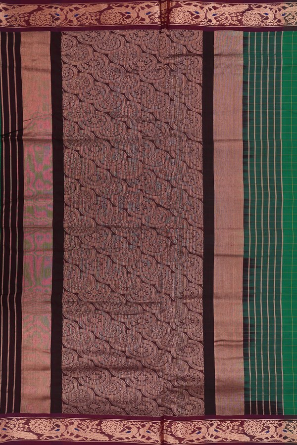 Nine Yards Silk Cotton Saree In Green With Checks Design