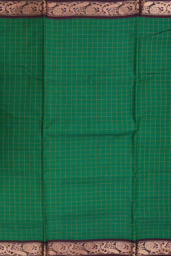 Nine Yards Silk Cotton Saree In Green With Checks Design