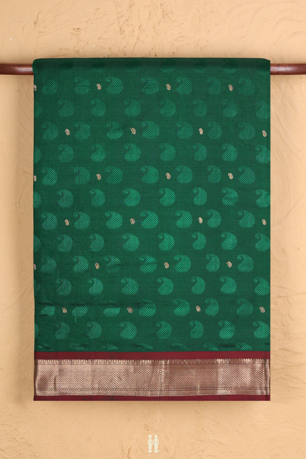 Nine Yards Silk Cotton Saree In Green With Paisley Design