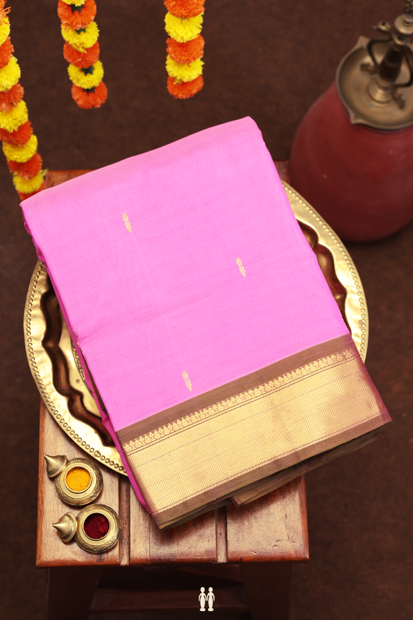Nine Yards Silk Cotton Saree In Lotus Pink With Zari Buttas