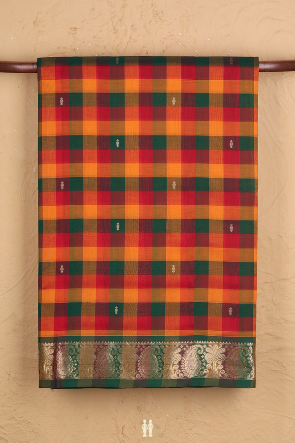 Nine Yards Silk Cotton Saree In Multicolor With Checks Design