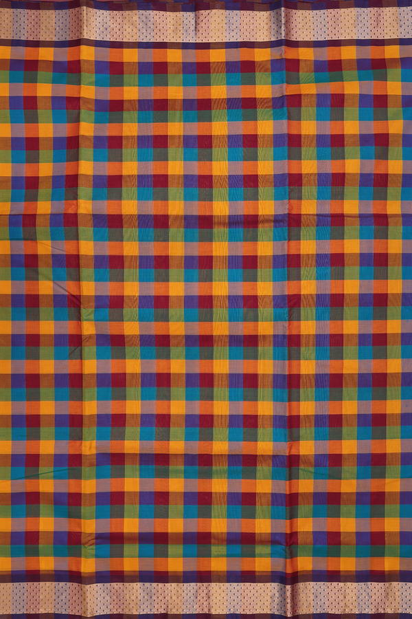 Nine Yards Silk Cotton Saree In Multicolor With Checks Design