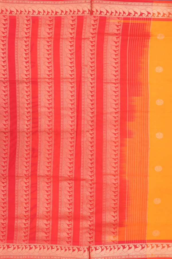 Nine Yards Silk Cotton Saree In Orange With Chakram Buttas