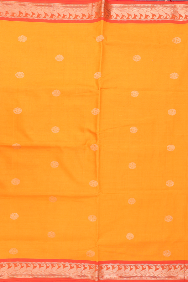 Nine Yards Silk Cotton Saree In Orange With Chakram Buttas