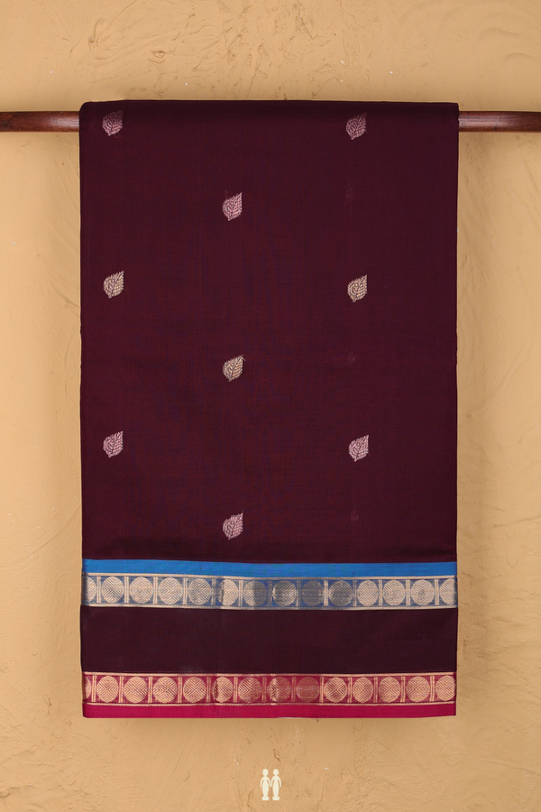 Nine Yards Silk Cotton Saree In Plum Brown With Zari Buttas