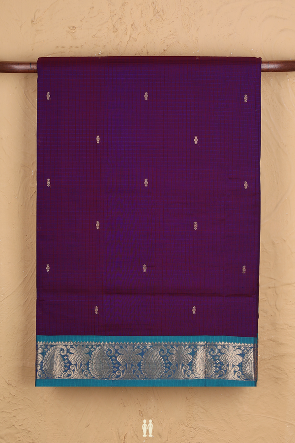 Nine Yards Silk Cotton Saree In Purple With Checks Design