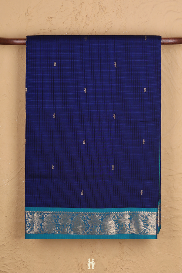 Nine Yards Silk Cotton Saree In Royal Blue With Checks Design