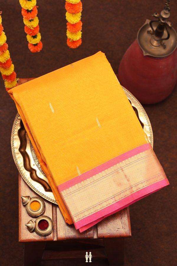 Nine Yards Silk Cotton Saree In Royal Orange With Zari Buttas