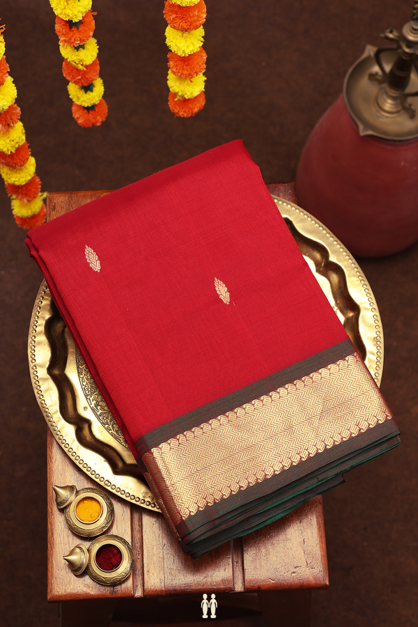 Nine Yards Silk Cotton Saree In Ruby Red With Zari Buttas