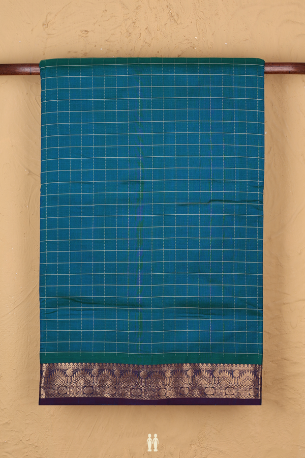 Nine Yards Silk Cotton Saree In Teal Blue With Checks Design