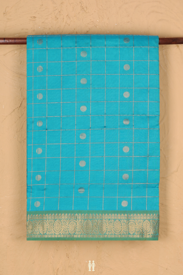 Nine Yards Silk Cotton Saree Peacock Blue With Checks Design
