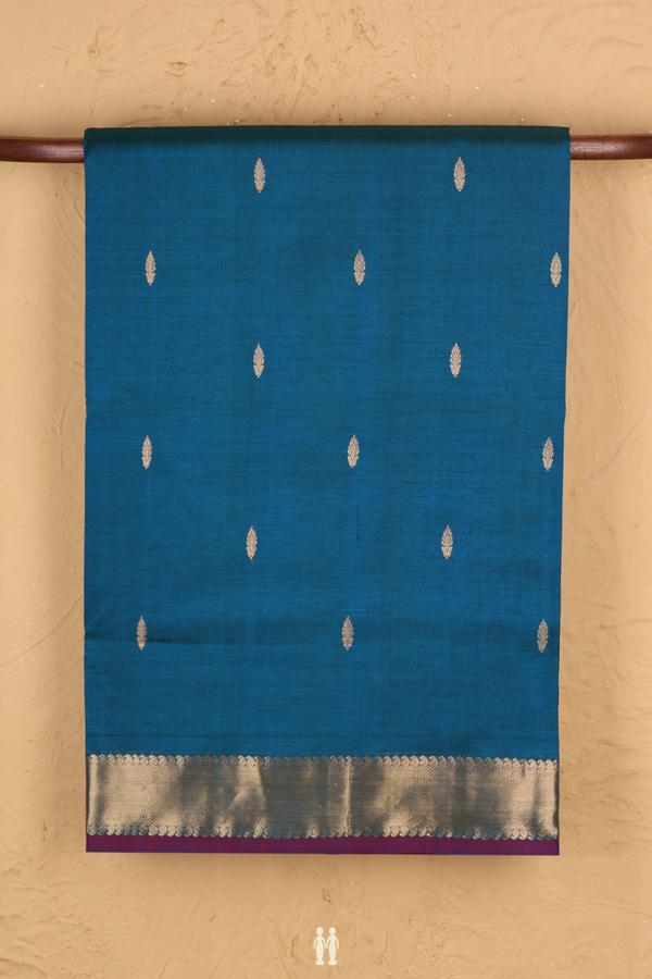 Nine Yards Silk Cotton Saree Peacock Blue With Zari Buttas