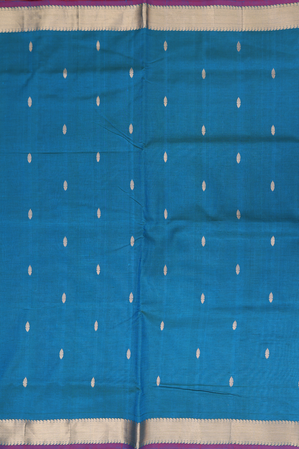 Nine Yards Silk Cotton Saree Peacock Blue With Zari Buttas