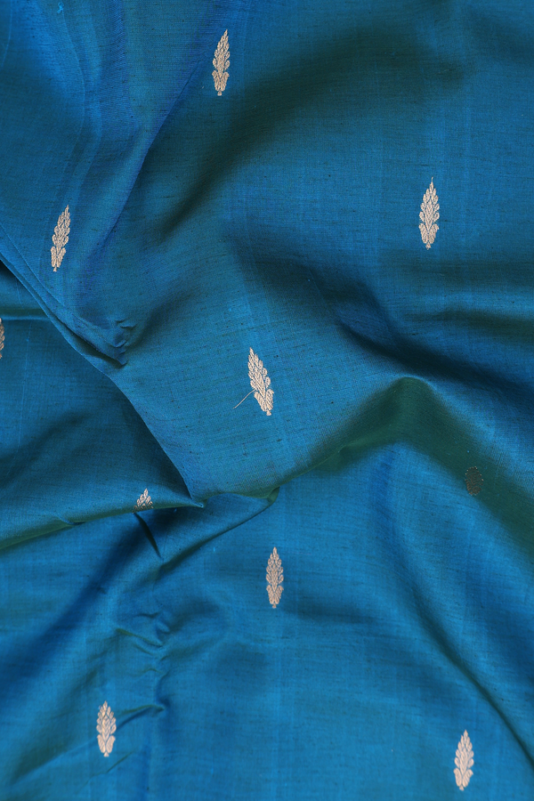 Nine Yards Silk Cotton Saree Peacock Blue With Zari Buttas