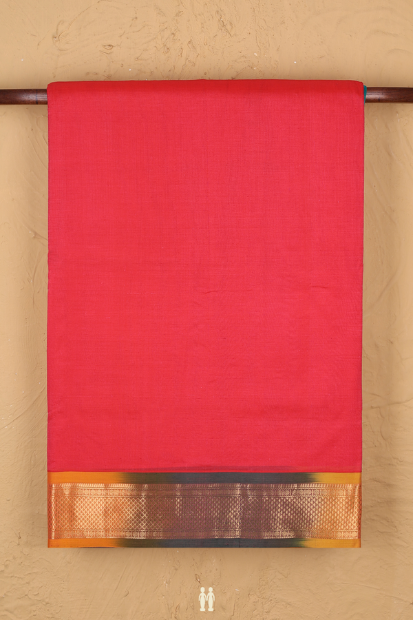 Nine Yards Silk Cotton Saree Pinkish Red With Contrast Border