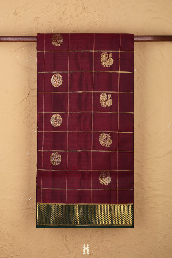 Nine Yards Silk Saree Burgundy Red Along Checks With Buttas