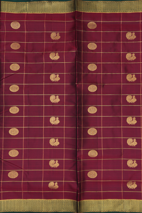 Nine Yards Silk Saree Burgundy Red Along Checks With Buttas
