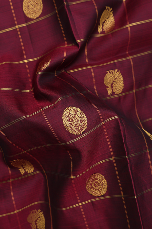 Nine Yards Silk Saree Burgundy Red Along Checks With Buttas