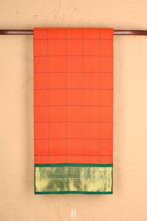 Nine Yards Silk Saree In Bright Orange With Checks Design