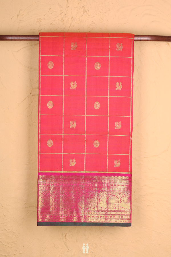 Nine Yards Silk Saree In Coral Pink With Checks Design