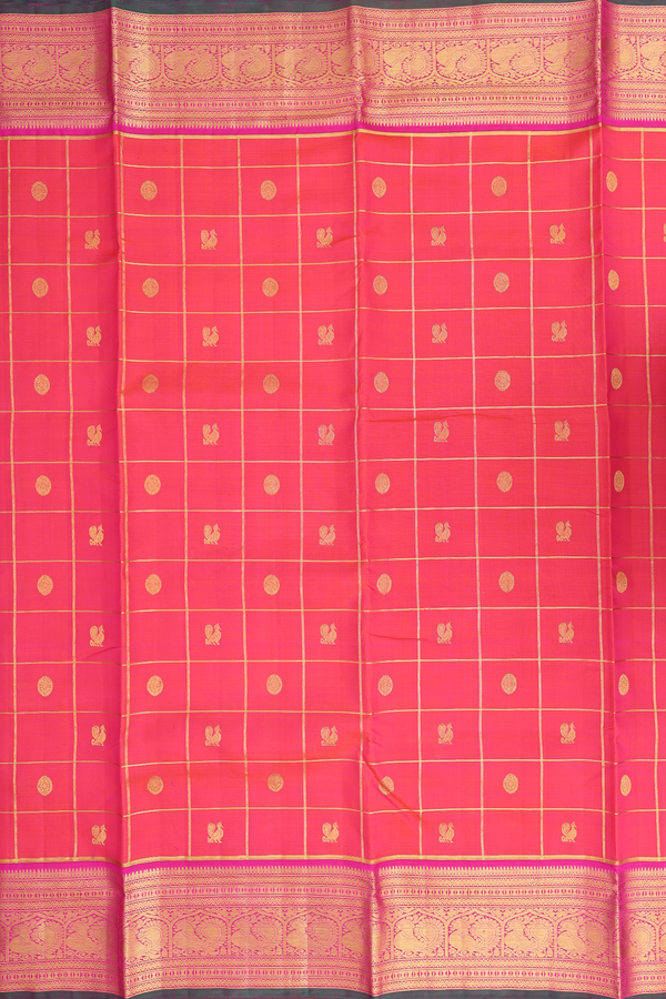 Nine Yards Silk Saree In Coral Pink With Checks Design