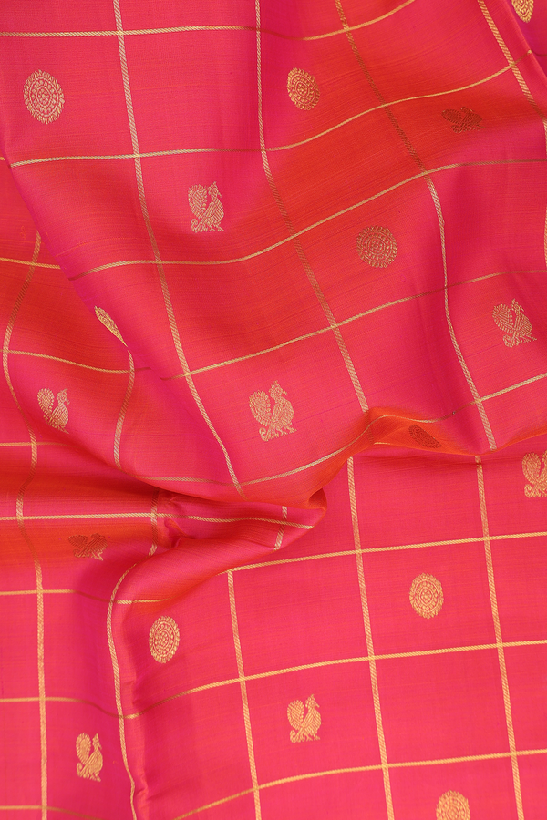 Nine Yards Silk Saree In Coral Pink With Checks Design