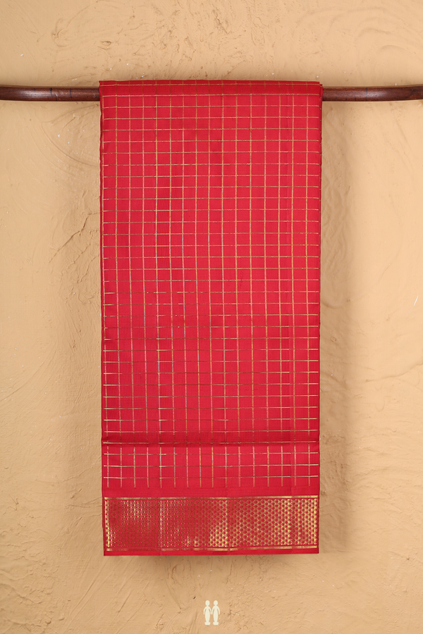 Nine Yards Silk Saree In Crimson Red With Checks Design