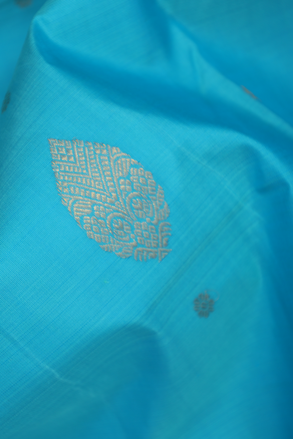 Nine Yards Silk Saree In Deep Sky Blue With Chakram Buttas