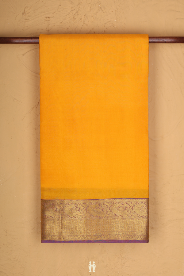Nine Yards Silk Saree In Mango Yellow With Peacock Border
