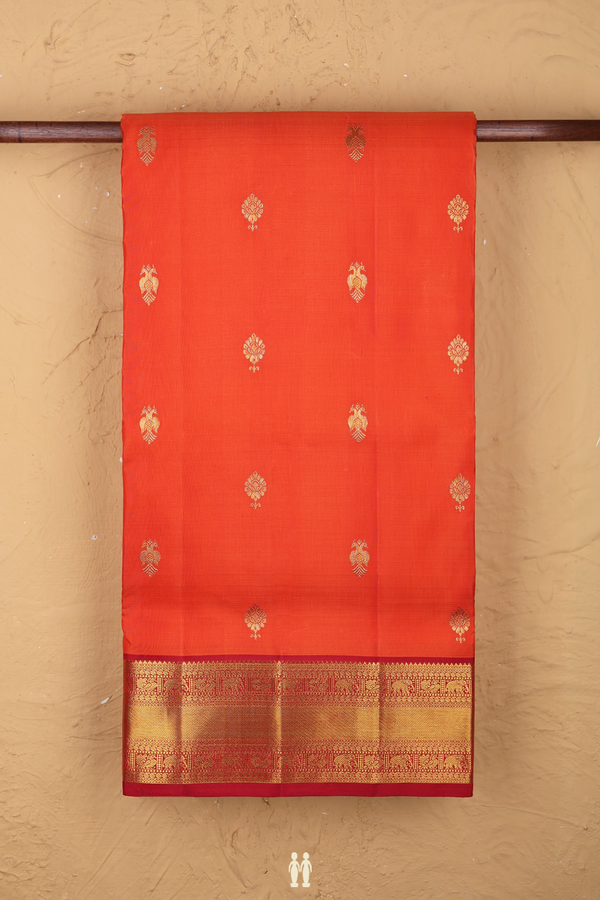 Nine Yards Silk Saree In Orange With Iruthalai Pakshi Buttas