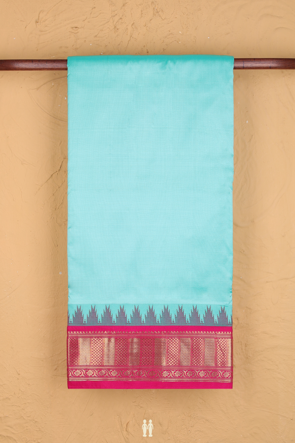 Nine Yards Silk Saree In Plain Sea Blue With Contrast Border