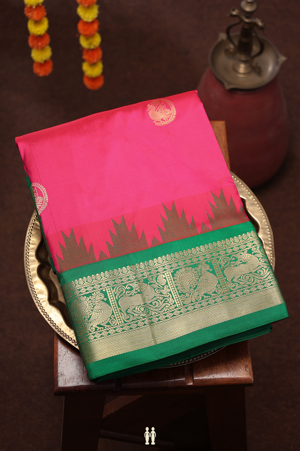 Nine Yards Silk Saree In Rani Pink With Peacock Buttas