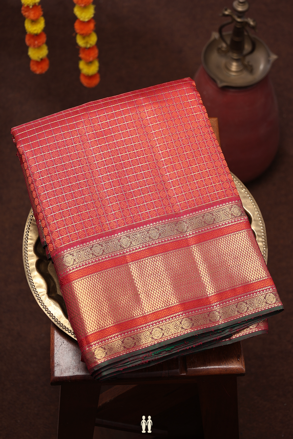 Nine Yards Silk Saree In Red With Checks Along Buttas