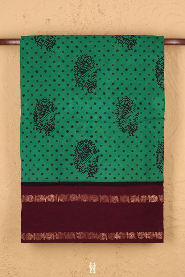 Nine Yards Sungudi Cotton Saree Green With Peacock Design