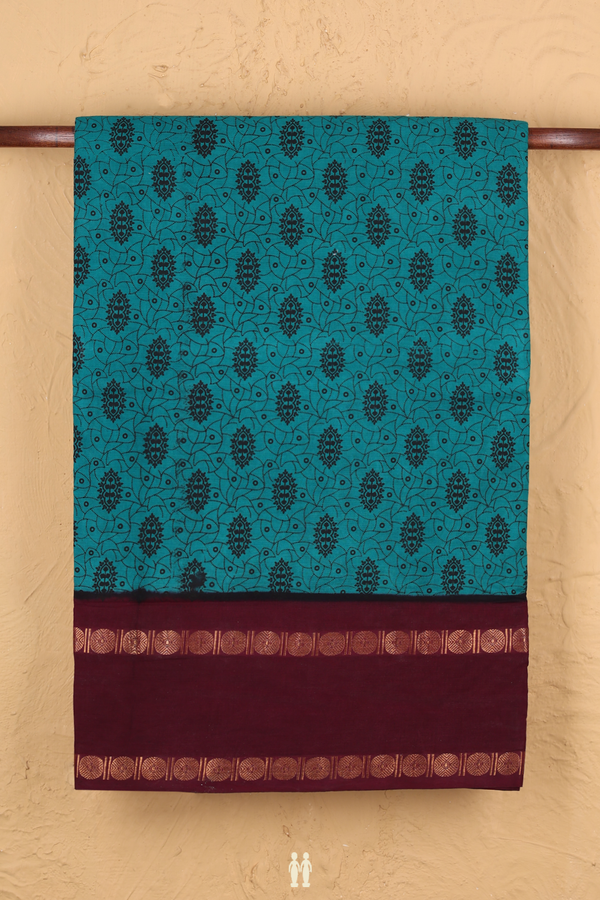 Nine Yards Sungudi Cotton Saree Green With Printed Design