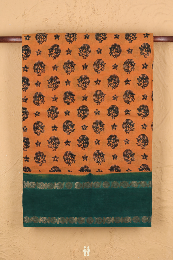 Nine Yards Sungudi Cotton Saree Orange With Floral Design