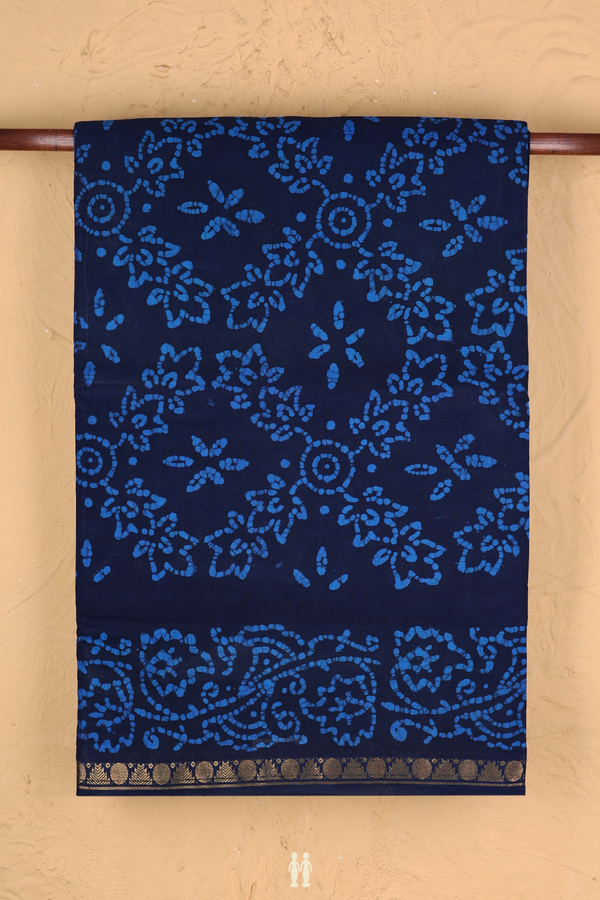 Nine Yards Sungudi Cotton Saree Oxford Blue With Printed Design