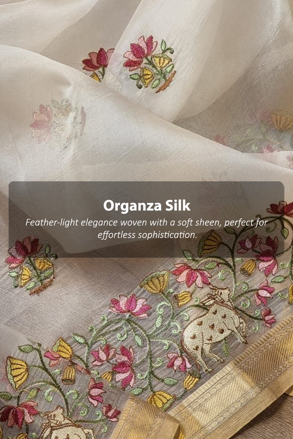 Organza Silk Saree In White With Floral Embroidered Design