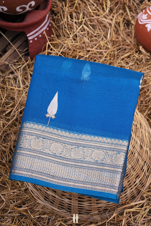 Organza Banarasi Silk Saree In Cerulean Blue With Zari Buttas
