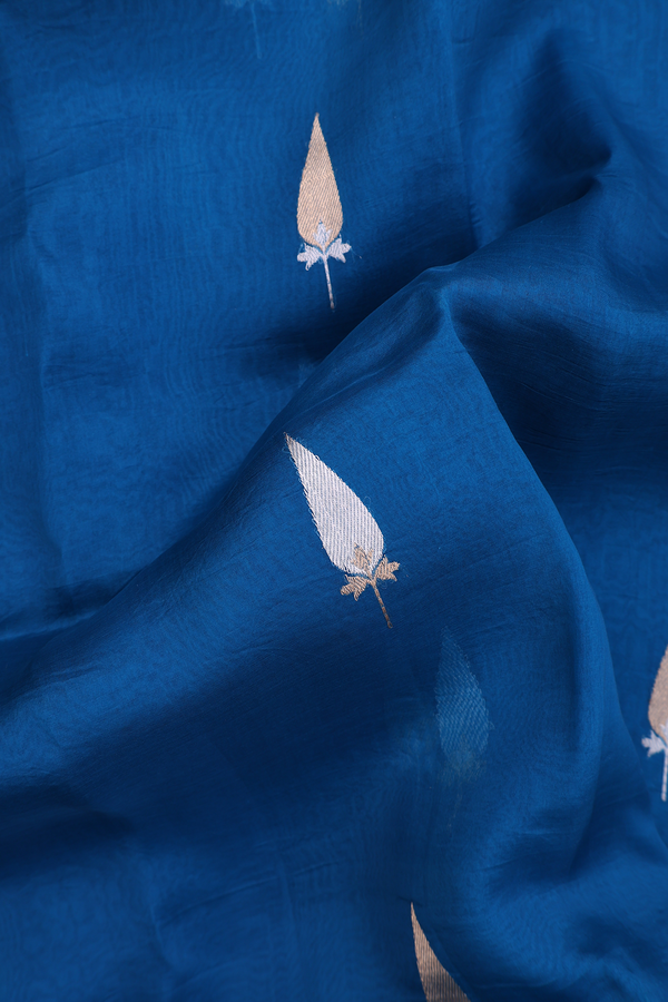 Organza Banarasi Silk Saree In Cerulean Blue With Zari Buttas