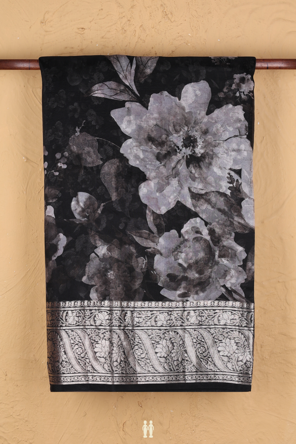 Organza Silk Saree In Black With Floral Printed Design