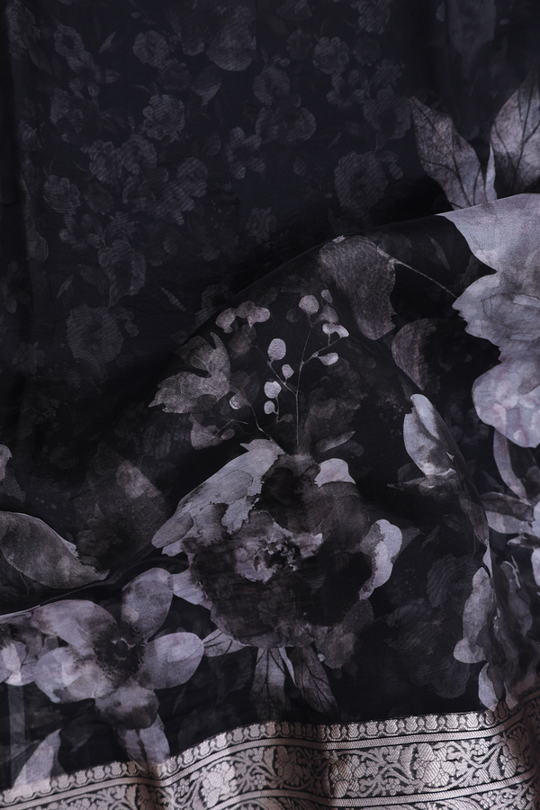 Organza Silk Saree In Black With Floral Printed Design