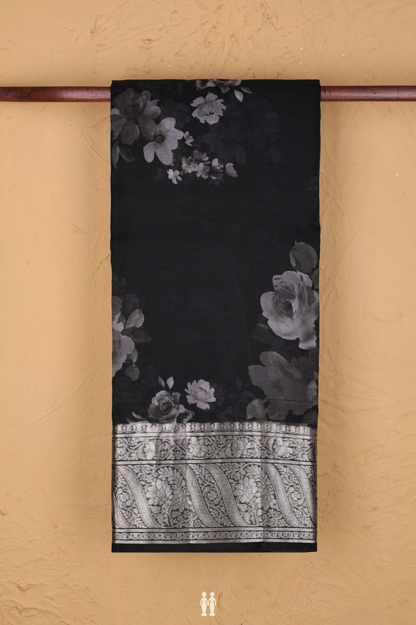 Organza Silk Saree In Black With Floral Printed Design