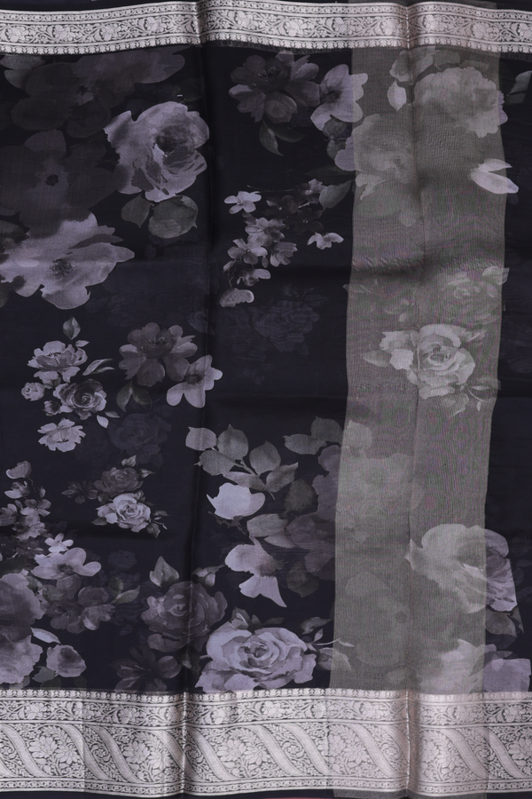 Organza Silk Saree In Black With Floral Printed Design