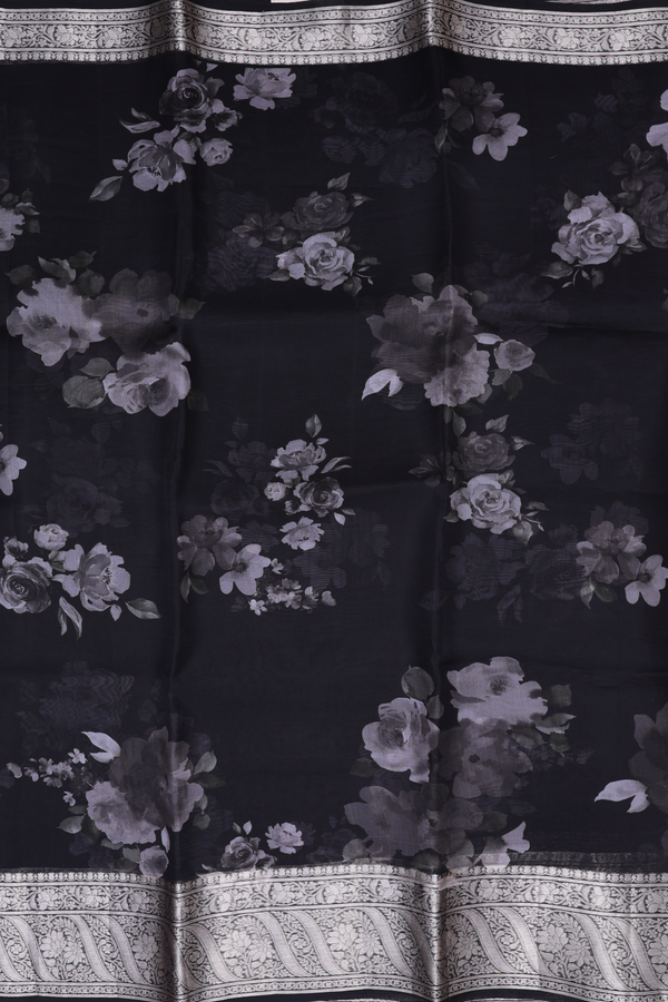 Organza Silk Saree In Black With Floral Printed Design